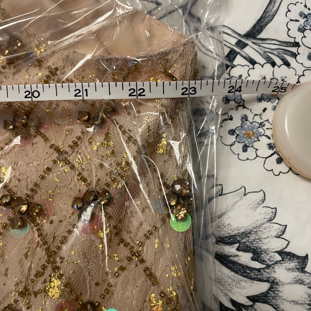 Anthropologie Gold-Beige Beaded V-Neck Midi Dress - Picture 9 of 12